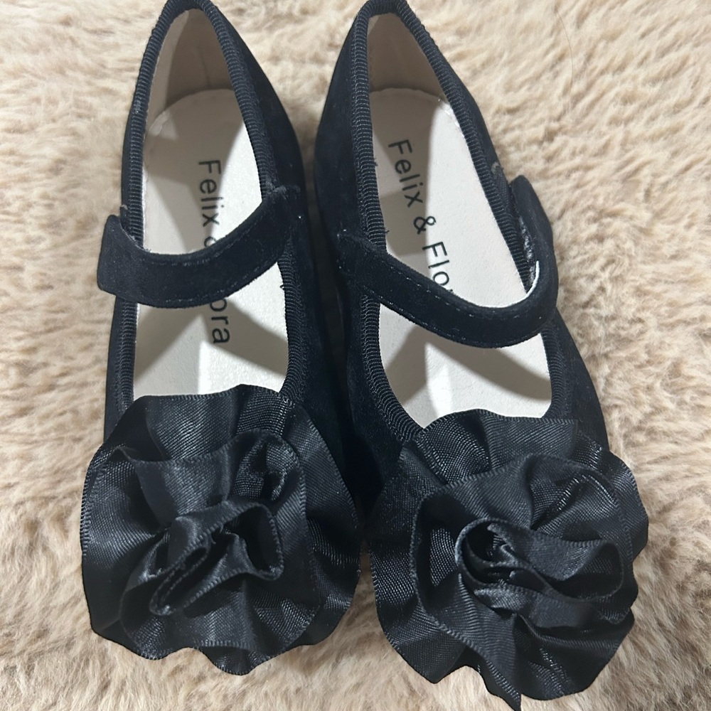 Felix & Flora Black Baby Walker Shoes with Floral Design